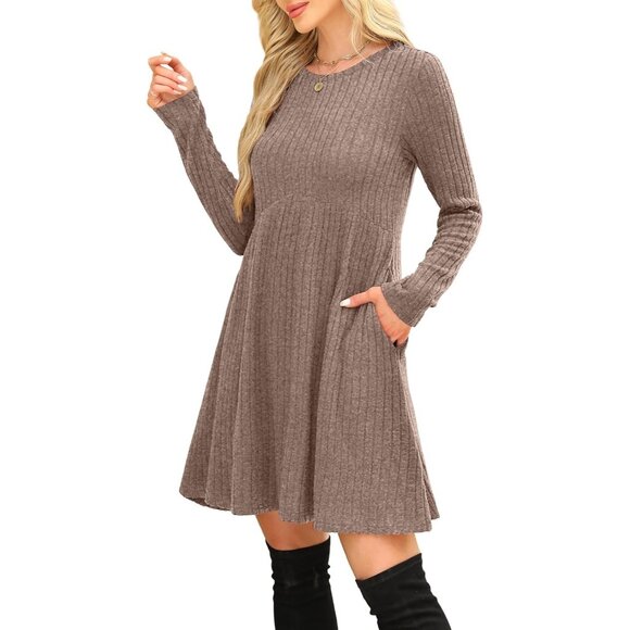 Ofeefan Women Khaki Crew Neck Long Sleeve Empire Waist Dress with Pockets - Picture 4 of 5